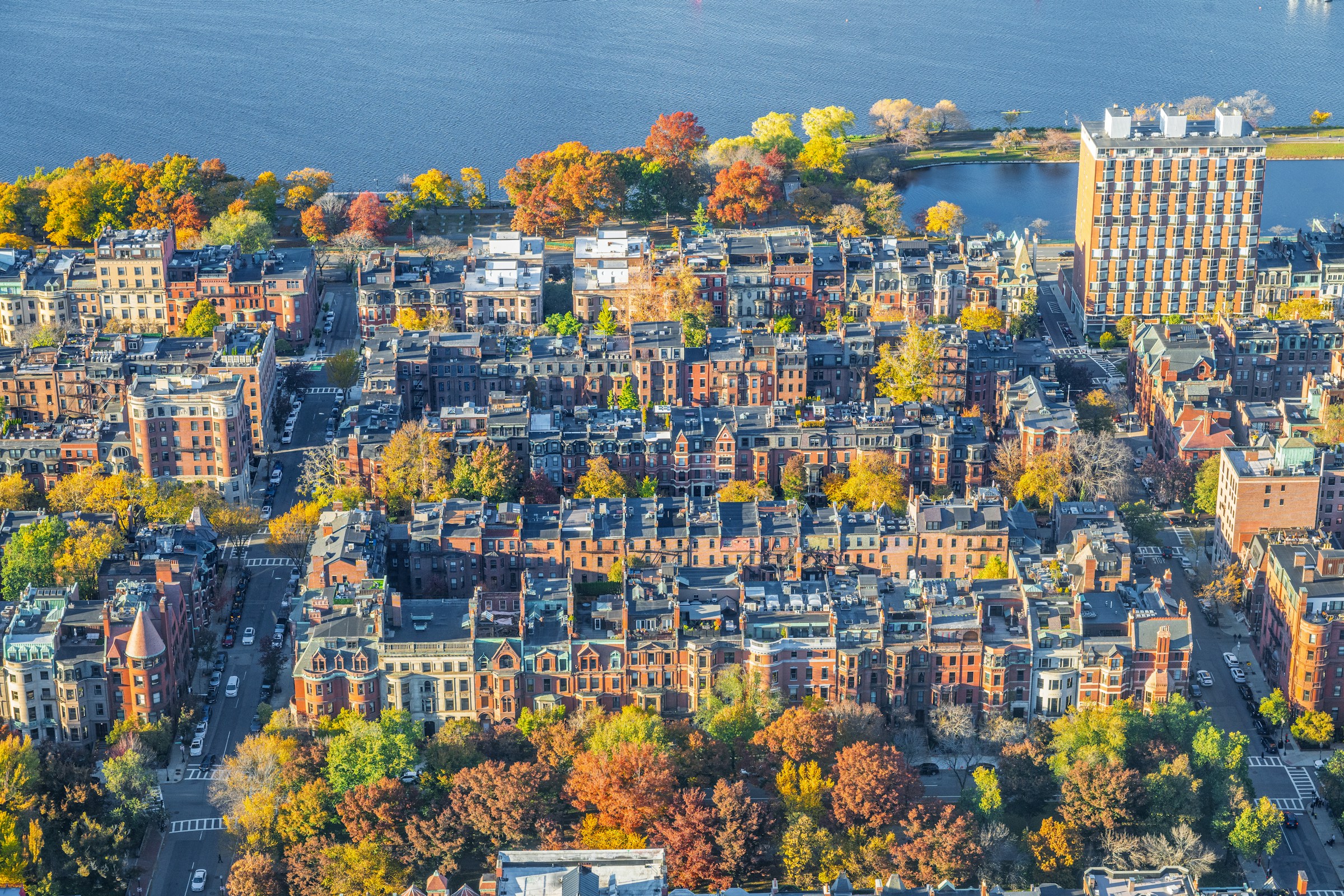 Boston, Massachusetts, and the Back Bay neighborhood in autumn. The city's structure and layout are clearly visible.