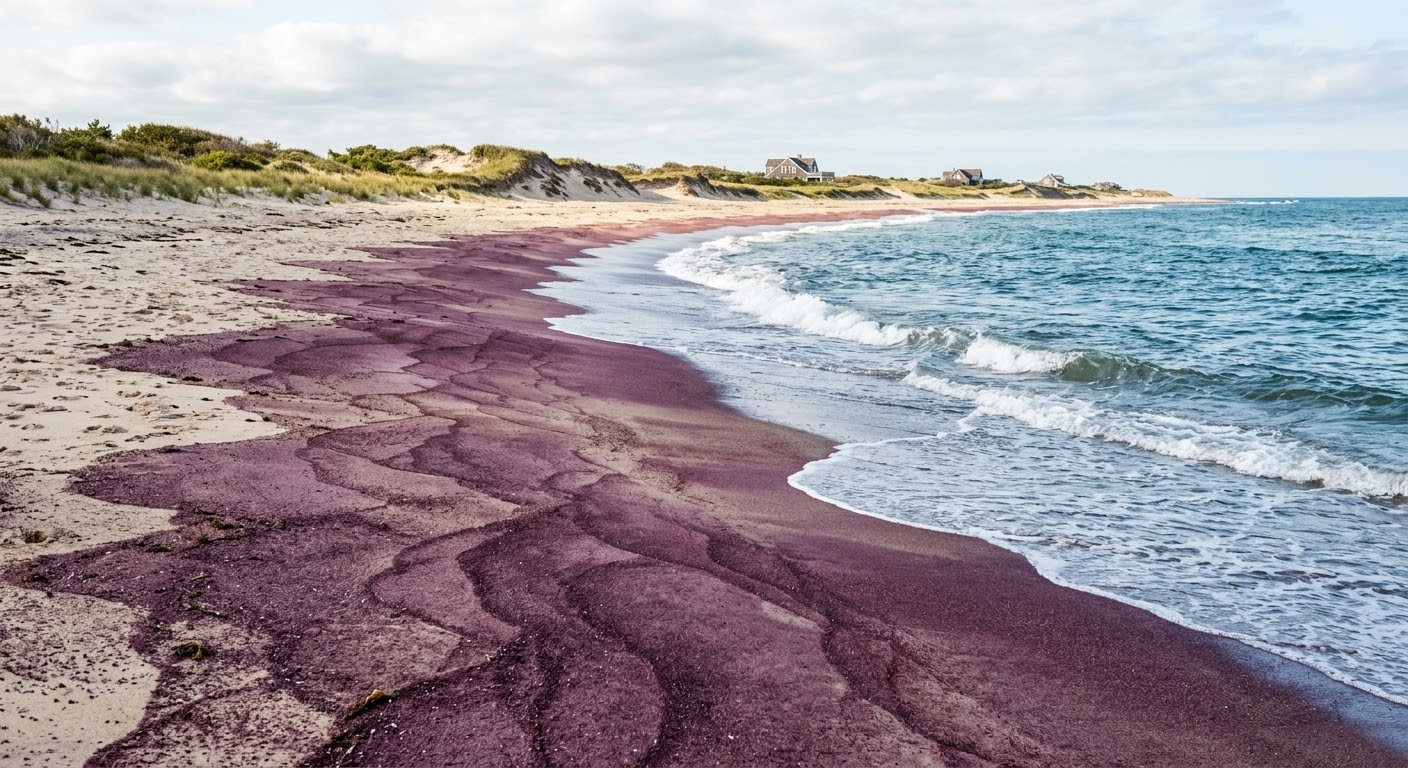 After strong northeasterly winds and powerful swells, a number of beaches along the Long Island coast took on an unusual purplish or reddish hue. According to experts, this is due to the washing away of the finer sand, beneath which lies a layer of various minerals, including magnetite and garnet. The experts explain that over time, this unusual color will fade, as the waves once again deposit fine, light-colored sand.